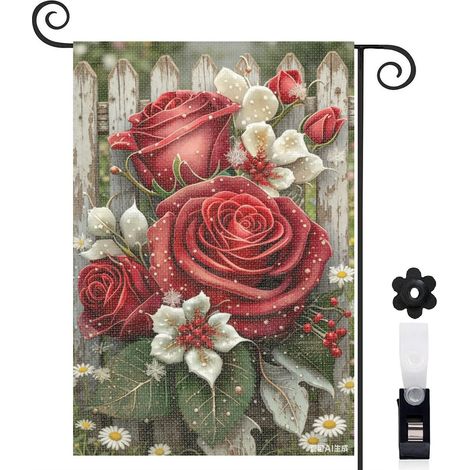 Drapeau vertical feuilles de pin et roses 30 x 45 cm décoration jardin d'hiver (1/5)