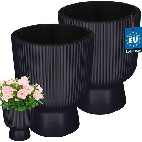 KOTARBAU® Lot de 2 Pot de Fleur - Pot Plastique Plante Ø 23 cm - avec Bac Intérieur - Pot de Jardin - Pot de Fleur Exterieur - H : 30 cm - PVC - Anthracite - Nervuré (1/4)