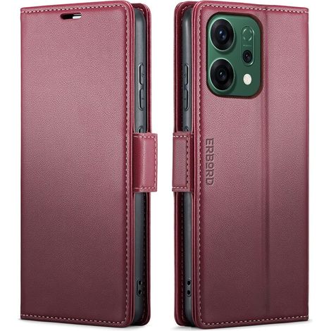 Étui pour Oppo Reno 14, Litchi brillant, Étui portefeuille à rabat, Rouge (1/5)