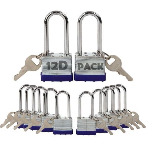 Pack of 12 keyed-alike padlocks with 14 identical pieces, extra-long shackle, heavy-duty 1-9/16" (40 mm) rolled steel body, rust-resistant, for outdoor and indoor lockers, fences, gates, etc. (1/4)