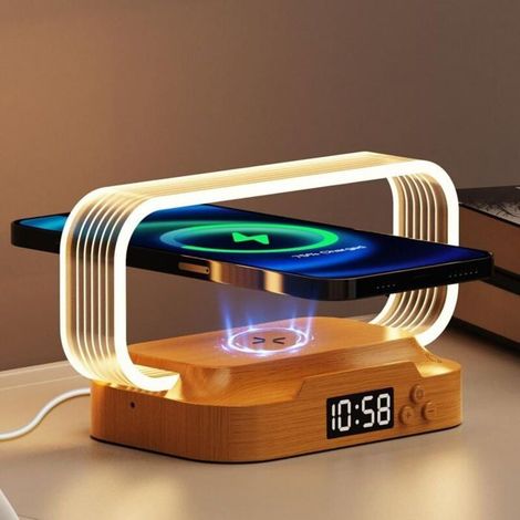 Nachttischlampe mit 15W kabellosem Ladegerät und Uhr, Mini-Tischlampe mit Touch-Steuerung, 3 Farbmodi und stufenloser Helligkeit. Id