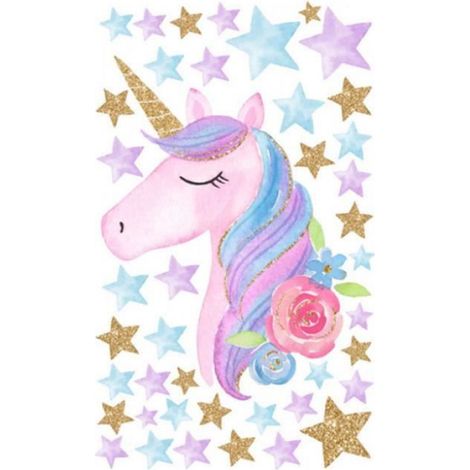 Sticker Mural - Licorne Princesse - Auto-adhésif - Pour Chambre Enfant - Dimensions 9 cm à 40 cm (1/3)