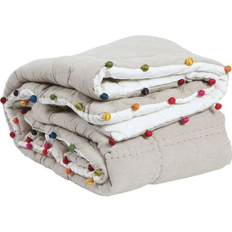 Édredon en Coton Piqué Main avec Pompons Multicolore pour Lit et Canapé 160 x 160 cm - PANGIVO