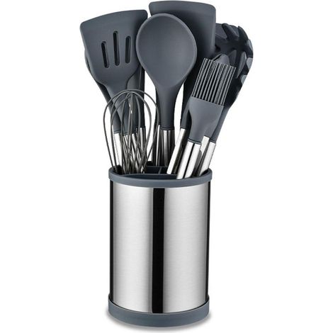 Juego de utensilios de cocina de silicona, 12 piezas, con contenedor de almacenamiento giratorio, color gris. (1/4)