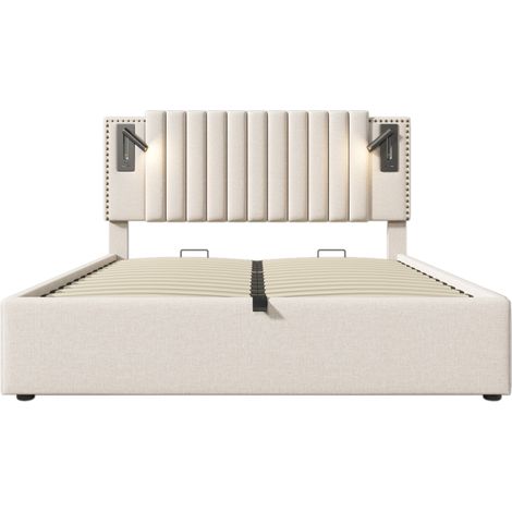 Cama matrimonio 140x200 beige con almacenaje, luz de lectura y USB MODENUIT (1/5)