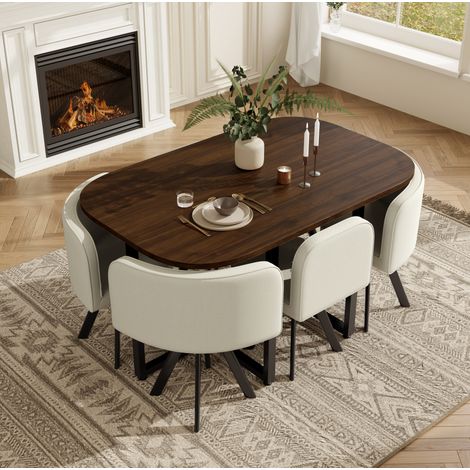 Esszimmer-Set für 6 Personen, Tisch 140 x 90 cm mit 6 Leinenstühlen, Beige/Nussbaum (1/5)