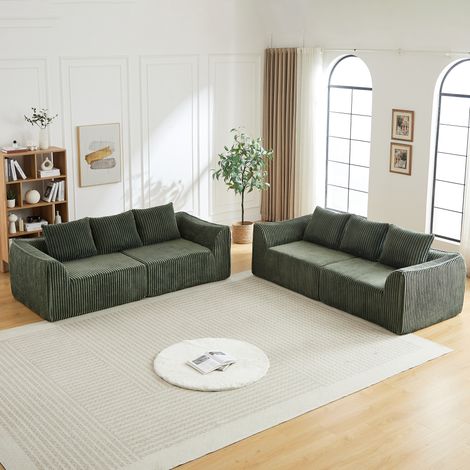 Sofá modular de terciopelo de canalé verde, líneas redondeadas, respaldo bajo y 6 cojines, OKWISH (1/5)