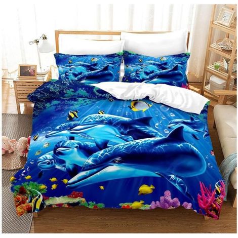 Ensemble de Literie 3D avec Animaux, Motif Dauphin, Poisson Tropical, Corail, Vie Marine, Housse de Couette,D, 220x240 cm - TF4 (1/3)