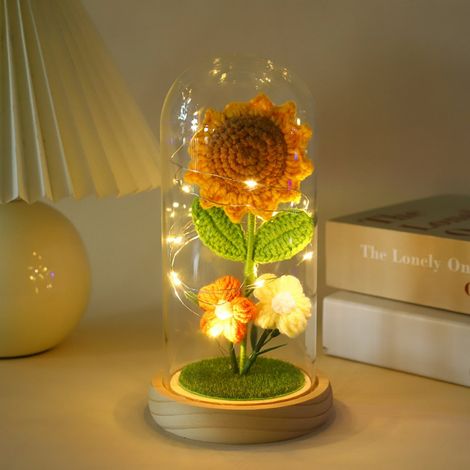 Fleur Artificielle Tournesol - Dôme En Verre Borosilicat Avec Éclairage Led Intégré - Décoration Intérieure Et Luminaire De Nuit - 1 Pièce (1/5)
