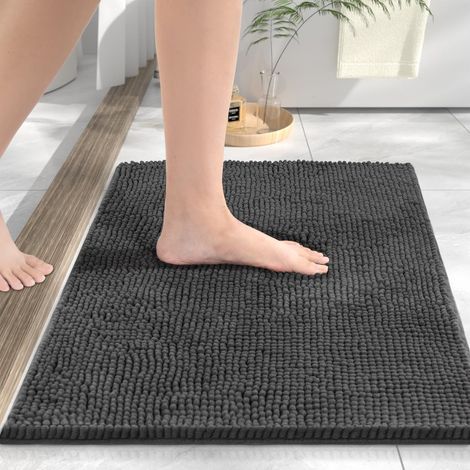 Tapis de Bain Chenille 60x40cm - Tapis Douche Super Absorbant, Antidérapant, Lavable en Machine, Décoratif Salle de Bains, Gris Foncé (1/5)