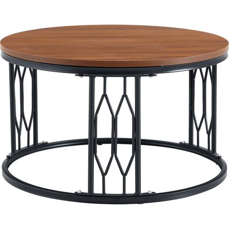 Table basse ronde avec plateau effet bois et structure métallique géométrique, 70 x 40,5 cm (1/5)