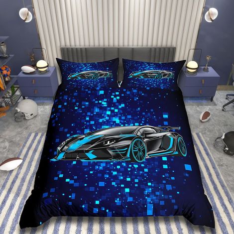 Parure de lit avec housse de couette 135 x 200 cm, motif voiture de sport, géométrique, effet 3D, bleu, thème sport extrême, voiture, pour enfant garçon (1/5)