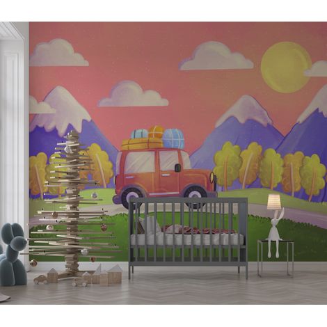 Papier peint enfants - van vintage sur une route de montagne - 300 x 250 cm (1/2)