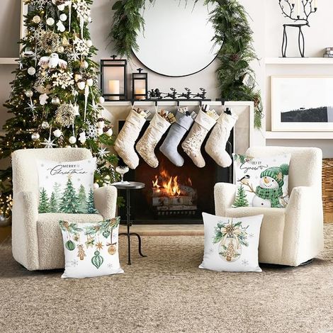 Housse de Coussin Noël Bonhomme de Neige Pins Boules de Noël Flocons Vert 45 x 45 cm Décoratif Taie d'oreiller pour Canapé Salon Chambre Jardin Maison Décoration (1/4)