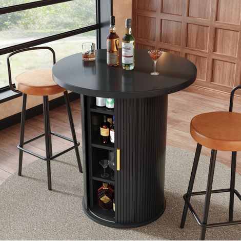 Conjunto de mesa de bar redonda con almacenamiento y 2 taburetes negros, MDF y metal, 60x60x91,6 cm (1/5)