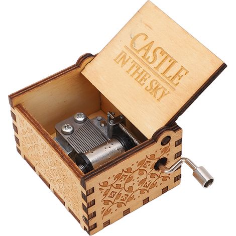 Boîte à musique à manivelle, couleur bois naturel, gravée au laser, Château dans le ciel (1/5)