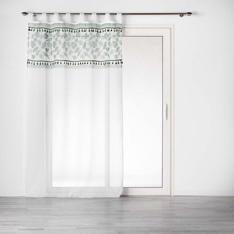 Voilage à œillets 140x280 sable top imprimé pompon Milagreen blanc (1/4)