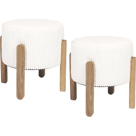Altobuy – Lot de 2 tabourets de bar en velours côtelé crème – Hauteur d'assise 35cm – Pieds en acacia teinté – Rembourrage mousse PU (1/4)
