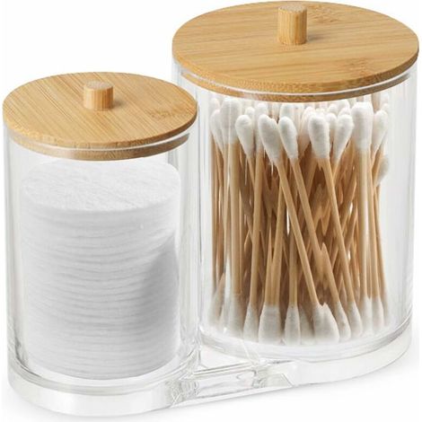 Porte Coton Tige, Distributeur Coton, 1 pièce Boite a Coton, Fabriqué en matériau PS, avec Couvercle en Bois, étanche à la poussière et à lhumidité, pour Salon, Chambre Coucher, Salle de Bain, (1/5)