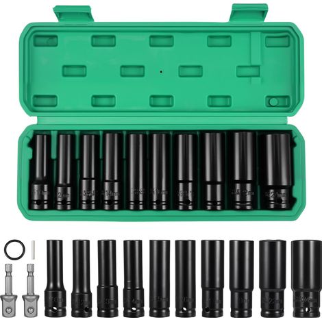 12 Pièces Douille à Choc Longue, 1/2'' Douille Clé à Choc 10-24mm, Coffret de Douille à Choc 6 Pans avec Adaptateur de Douille pour Réparation de Voitures Changement de Pneus (1/5)