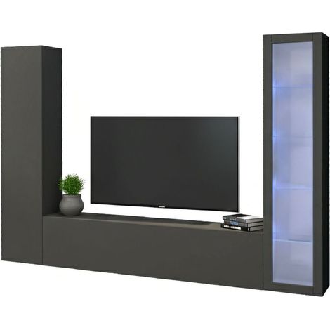 Dmora - Parete attrezzata Felicina, Set salotto porta TV a 3 ante, Mobile soggiorno multiuso con vetrina e luce LED, 100% Made in Italy, cm 260x30h180, Antracite