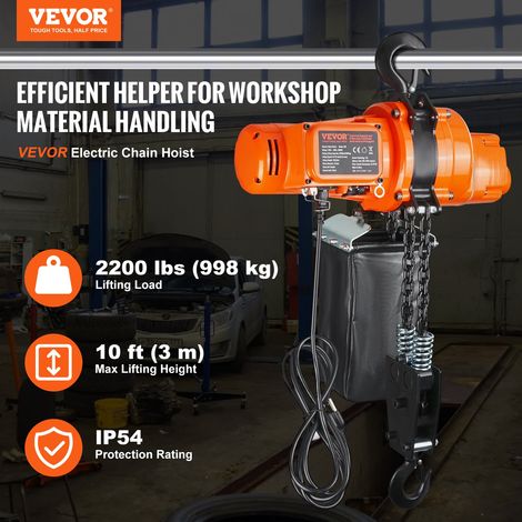 Palan électrique à chaîne, capacité de charge de 998 kg, grue monophasé avec chaîne, 1000 W, hauteur de levage 3 m, vitesse de 2 m/… (1/5)