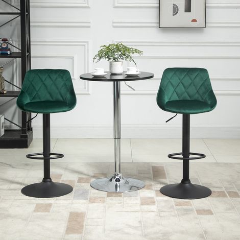 Lot 2 Tabourets de Bar Réglables en Velours Vert, Dossier Inclus, Repose-Pieds, Piètement Métallique, 46x48x83-104 cm, Cuisine (1/5)