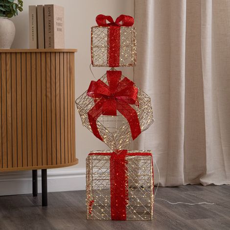 96cm Gold Light Up Christmas Parcel Stack with 500 Warm White LEDs & Timer (1/5)