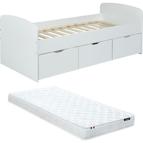 Letto con 2 cassetti e 1 vano portaoggetti 90 x 190 cm Bianco + Materasso - LOUANE