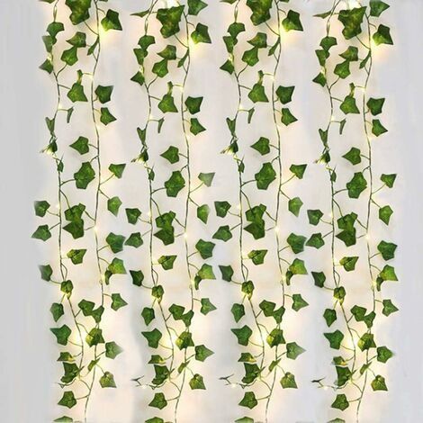 Lierre Artificiel [Lot de 4] 2m Feuille Guirlande Lumineuse Plantes Artificielles avec 20LED Feuille Verte LED Guirlande Lumineuse pour Jardin Cour Maison Patio Décoration de Fête de Mariage (1/5)