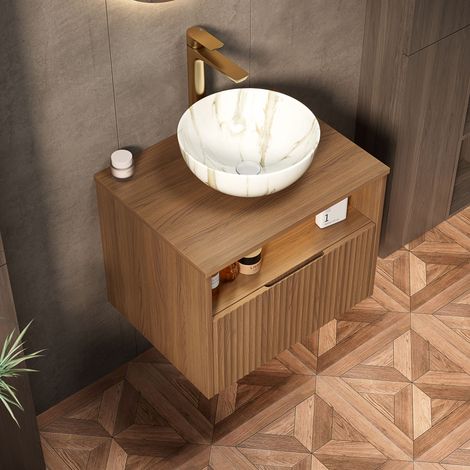 Étagère, avec tiroir, blanc, 60 cm, pour salle de bain, éclairage capteur chêne brun, rangement ouvert, organisation maison