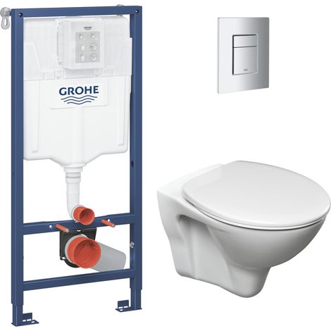 Pack WC Bâti-support Rapid SL – WC suspendu avec bride Jika Neo – Abattant thermoplastique blanc – Plaque Chrome – GROHESLINEPRO1
