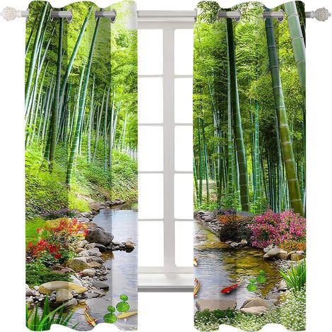 Rideaux Occultants Exquis pour Enfants Paysage De Ruisseau De Forêt De Bambou Vert 92X91 Pouce Rideaux Imprimés À Oeillets À Isolation Thermique pour Chambre d'enfant, Ensemble De 2 Panneaux - 92x91 I (1/5)