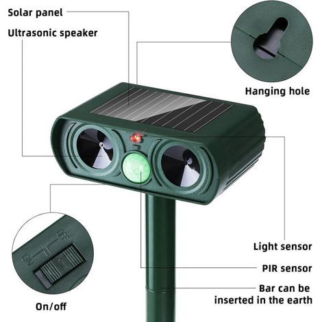 Répulsif Solaire pour Animaux Répulsif Chat Ultrason Étanche Repulsif Chat Exterieur Ultrason pour Jardins Fermes Sorties Pas de Bruit (1/4)