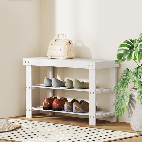 Schuhbank aus Bambus mit Sitzfläche und 2 Ablagen für 6 Paar Schuhe, für Eingangsbereich, Wohnzimmer, Schlafzimmer, 70 x 28 x 45 cm, Weiß