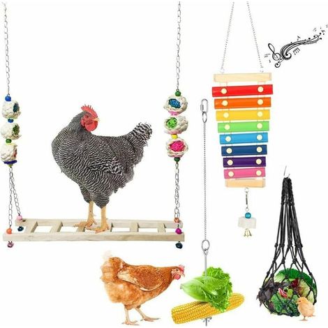 Accessoires pour poulailler, ensemble de 4 jouets pour poules : balançoire, xylophone, mangeoire suspendue pour légumes, étagère à fruits. Convient également aux coqs, grands oiseaux et perroquets. (1/5)