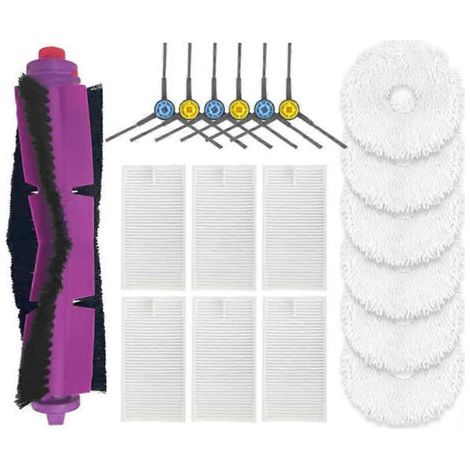 Lot de 19 pièces pour aspirateur robot Midea V12 : pièces de rechange, accessoires, rouleau principal, brosse latérale, filtre HEPA et chiffon de nettoyage.