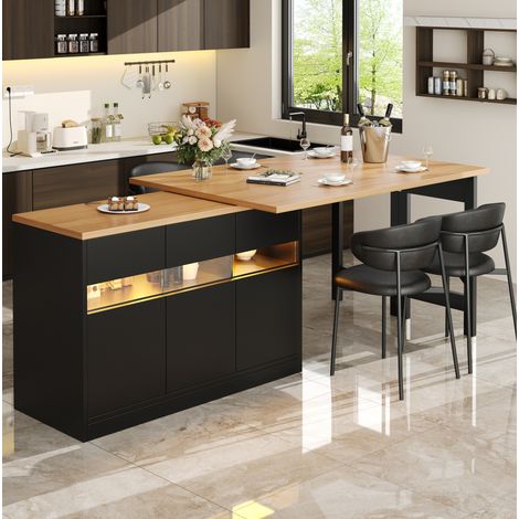 Table de bar extensible avec LED, rangement intégré, 120-180 cm, MDF noir et naturel DESVIAE (1/5)