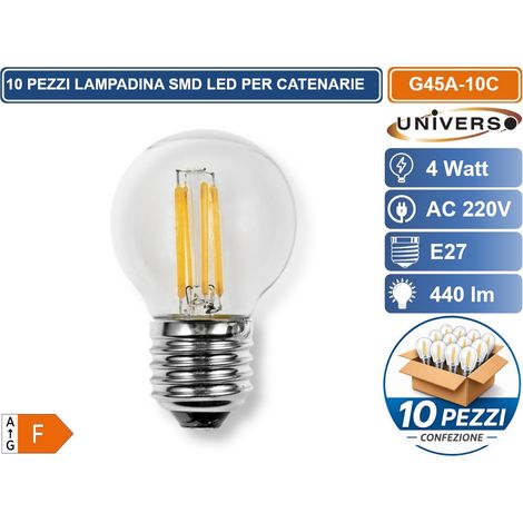 CONFEZIONE 10 PEZZI UNIVERSO G45A-10C LAMPADINA LED SMD POTENZA 4W G45 AC220V 440LM BIANCO CALDO 2700K IDEALE PER CATENARIE (1/4)