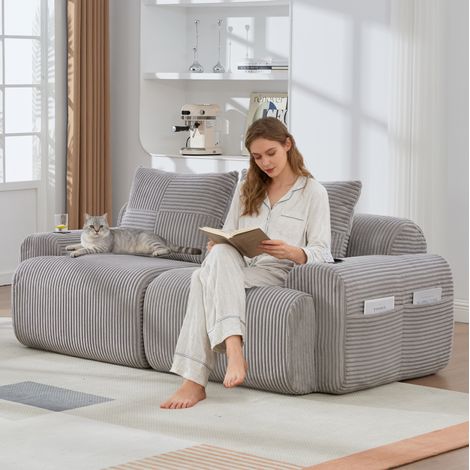 REDOM - Canapé modulaire 2 places, porte gobelet, poche latérale, tissu côtelé gris clair (1/5)