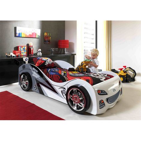 M&S – Lit voiture enfant 90x200cm – MDF blanc avec sommier inclus – Jantes chromées – Éclairage LED optionnel