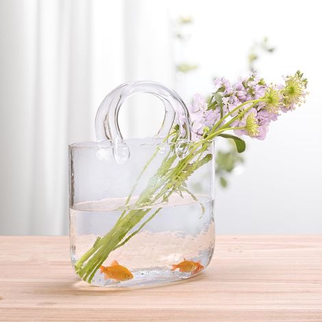 Glasvase für Blumen, Frühlingsdekoration, klare Tafelaufsatz, Handtaschenvase für Tisch, kleine Fischglas-Blumenvase, moderne Heimdekoration