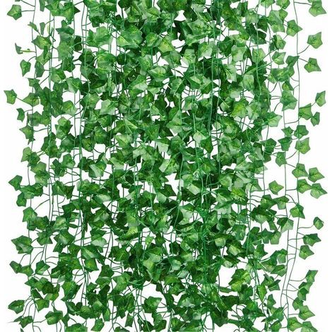 12Pcs 2m Artificiel Lierre Guirlande Plante Artificielle Exterieur Faux Lierre Feuillage Artificiel Feuille Guirlande Décoration Interieur + 100pcs Attaches Câble- (1/5)