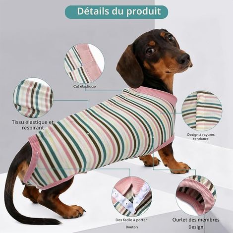 Striped Dog Body Recovery Suit Elastic Cotton Soft Body Post-Surgery Female Male Shirt Puppy Alternative Cone Protector Wound Protector Pink-Green M (1/4)