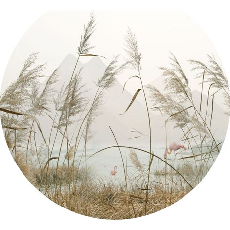 papier peint panoramique rond adhésif paysage tropical avec des flamants roses beige, rose et gris - Sanders & Sanders (1/5)