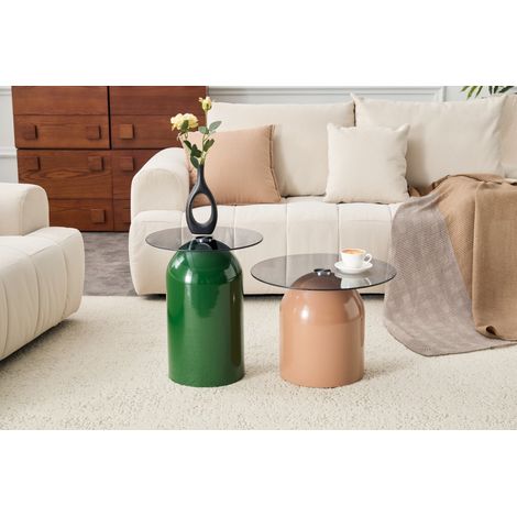 Lot de 2 Tables Basses Gigognes - Ø50cm & Ø40cm - Design Cloche Moderne en Verre Trempé et Acier Haute Brillance - Vert et Beige (1/5)
