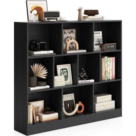 Bibliothèque noire à 10 cases en bois composite avec rangement ouvert et fixation anti-basculement pour salon, chambre et bureau (1/5)