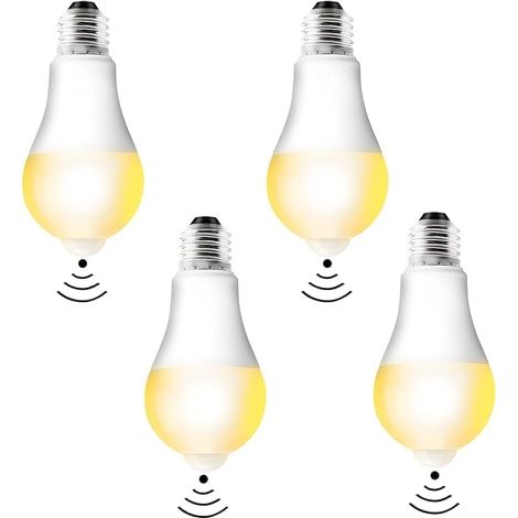 Pack de 4 ampoules LED E27 avec détecteur de mouvement Ampoule LED PIR Lampe 12W blanc chaud 3000K capteur de lumière lampe à économie d'énergie E27 pour couloir, garage, escaliers, balcon