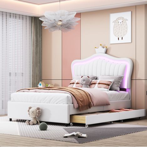 DESVIAE Lit enfant rembourré 90 x 200 cm avec tête de lit coquillage couronne LED tiroirs de rangement blanc similicuir lattes incluses (1/5)