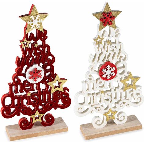 Alberi di Natale decorativi in legno decorato con scritte effetto velluto e dettagli in glitter dorati, set da 6 pezzi, cm 13,5 x 4 x 25 H